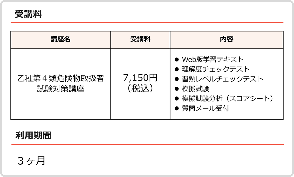 乙種第４類危険物取扱者試験対策講座：7,150円（税込）、利用期間：３ヶ月